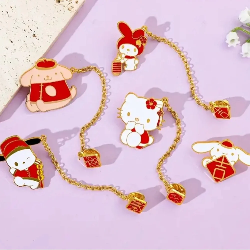 Sanrio 5pcs Hello Kitty Chain Brooch Cute Melody Pins, Metal Badge Jewelry